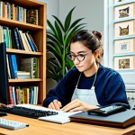**

A diligent translator at their home office, surrounded by books and language resources. They are working on a CAT tool on their computer. The environment is neat and comfortable, featuring plants and motivational items. The translator is fully clothed in appropriate attire. Safe for work, professional, well-lit, and with perfect anatomy and natural proportions.

**