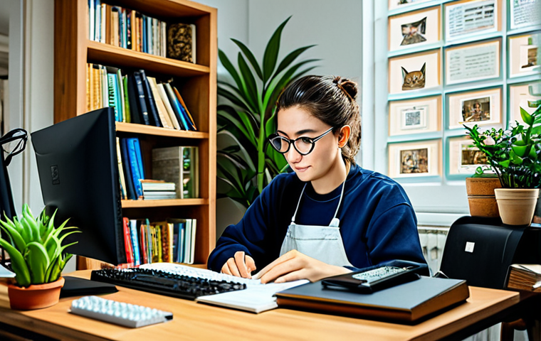 **

A diligent translator at their home office, surrounded by books and language resources. They are working on a CAT tool on their computer. The environment is neat and comfortable, featuring plants and motivational items. The translator is fully clothed in appropriate attire. Safe for work, professional, well-lit, and with perfect anatomy and natural proportions.

**