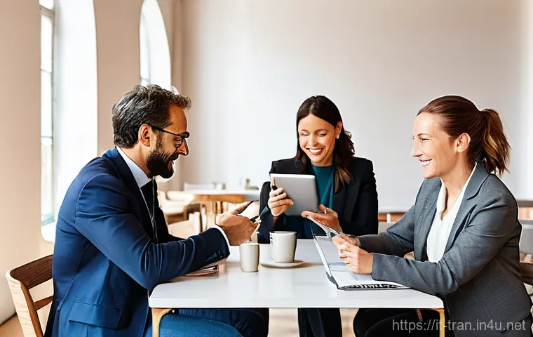 통역사 준비생 커뮤니티 참여하기 - **Prompt:** A group of diverse adult professional interpreters, both men and women, ranging from eme...