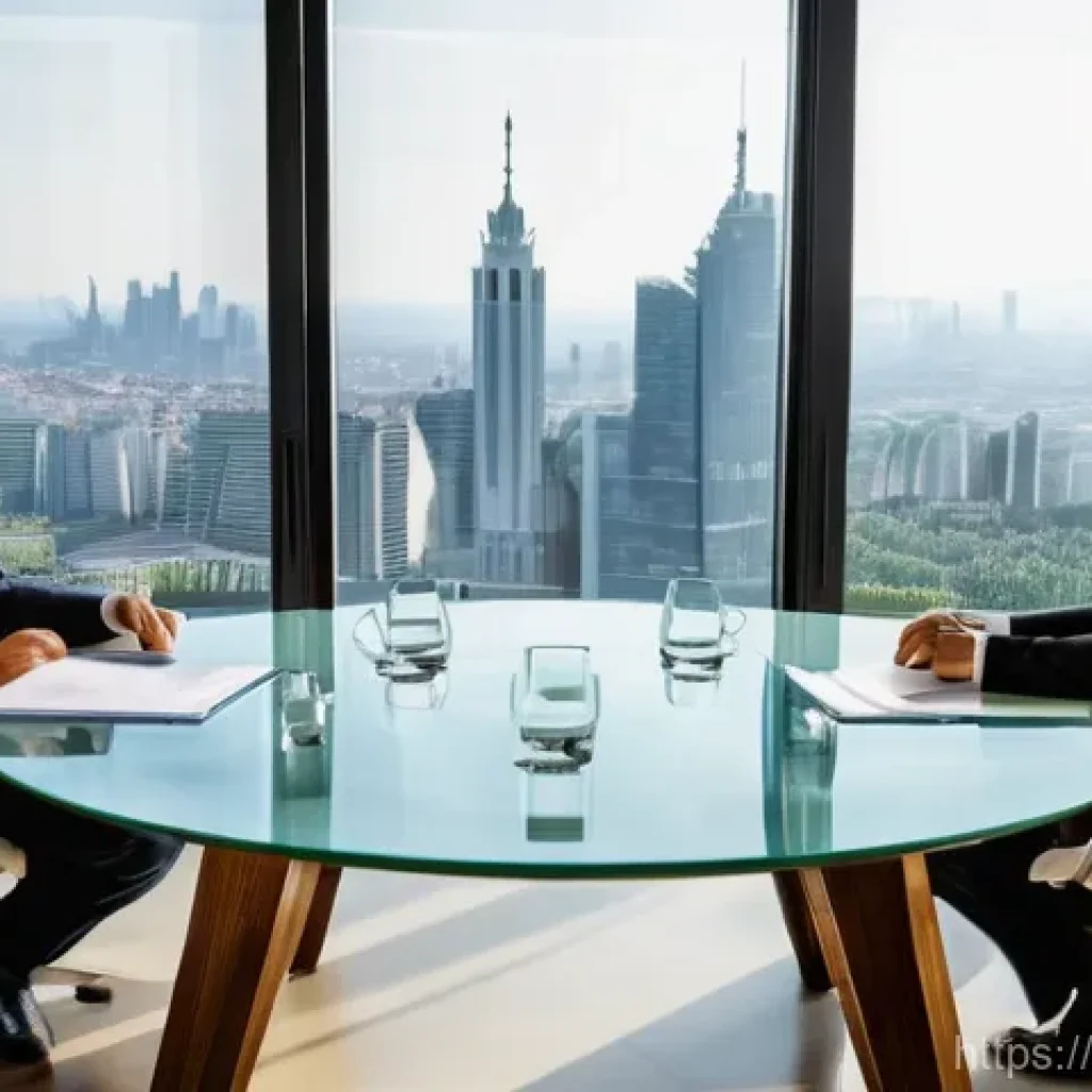 통역사에게 유리한 이중언어 조합 - **Prompt:** A professional business negotiation taking place in a brightly lit, modern conference ro...