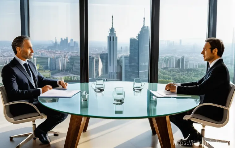 통역사에게 유리한 이중언어 조합 - **Prompt:** A professional business negotiation taking place in a brightly lit, modern conference ro...
