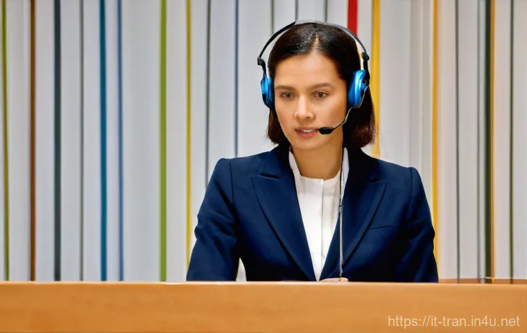 통역사로서 얻을 수 있는 장점 - **Prompt:** A highly focused female interpreter, elegantly dressed in a tailored blazer and blouse, ...