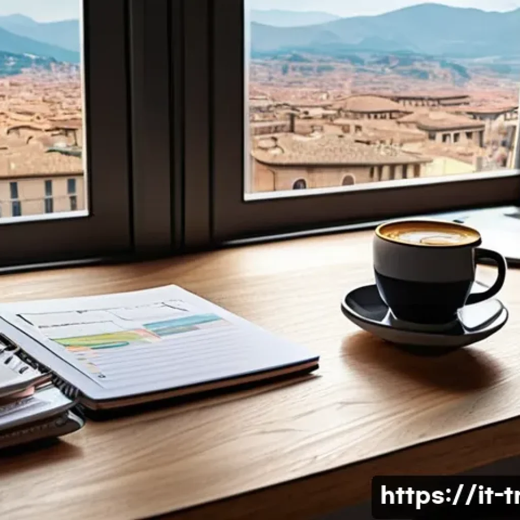 통역사로서 장기 프로젝트 대비법 - A modern home office setup in Italy, with a sleek wooden desk by a large window overlooking a Roman ...