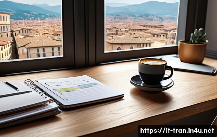 통역사로서 장기 프로젝트 대비법 - A modern home office setup in Italy, with a sleek wooden desk by a large window overlooking a Roman ...