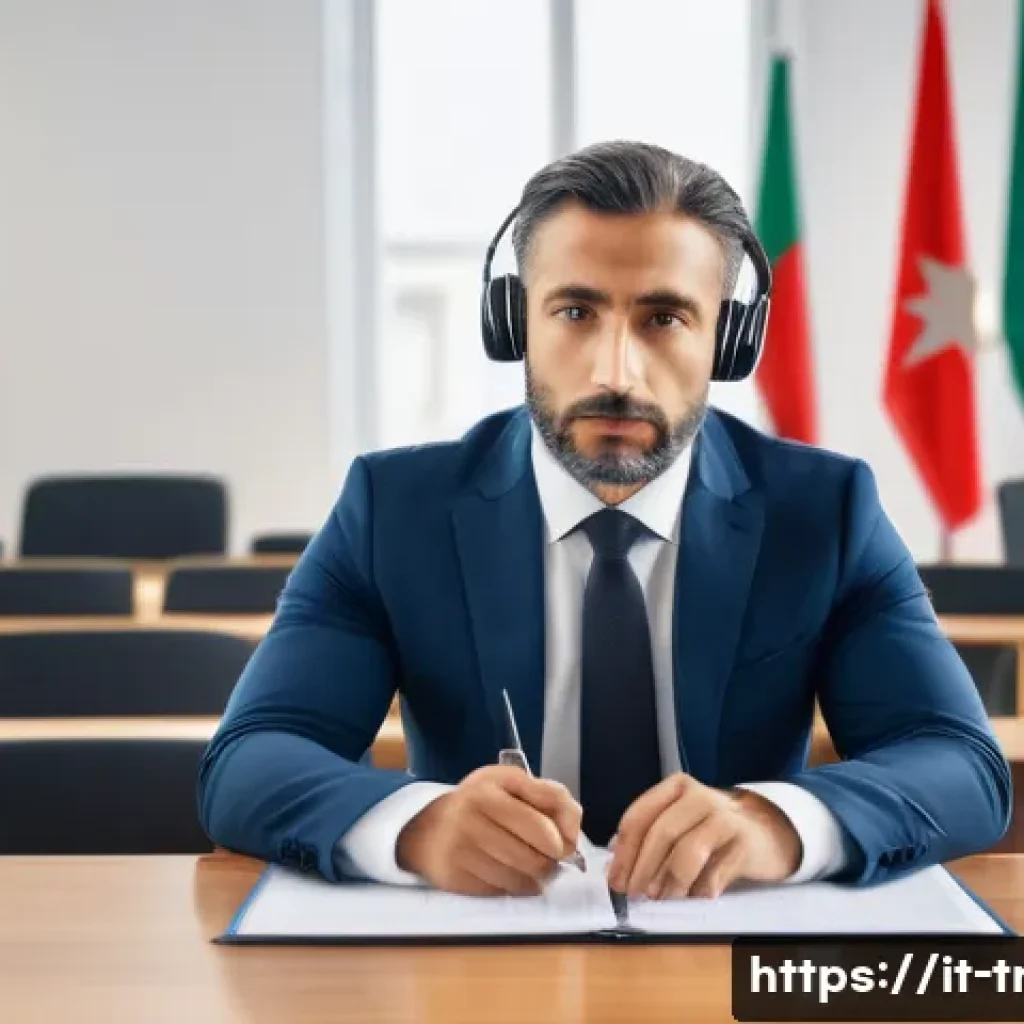 통역사로서 실무를 시작하기 전 준비 - A professional Italian interpreter seated at a modern conference table, wearing smart business attir...