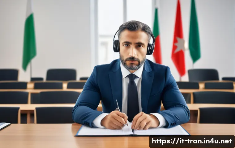통역사로서 실무를 시작하기 전 준비 - A professional Italian interpreter seated at a modern conference table, wearing smart business attir...