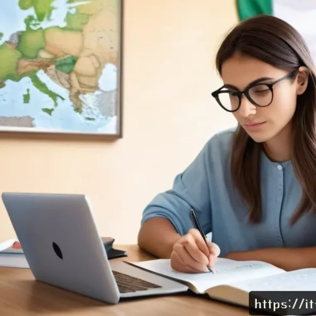 통역사 자격증 시험장 꿀팁 - A focused young adult woman studying at a modern desk in a bright, cozy Italian apartment, with a de...