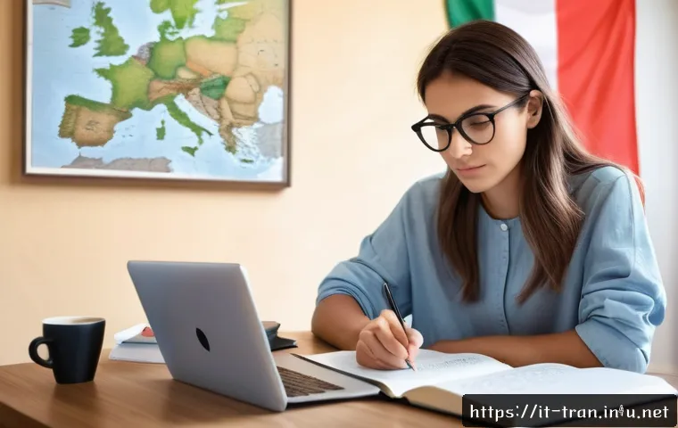 통역사 자격증 시험장 꿀팁 - A focused young adult woman studying at a modern desk in a bright, cozy Italian apartment, with a de...
