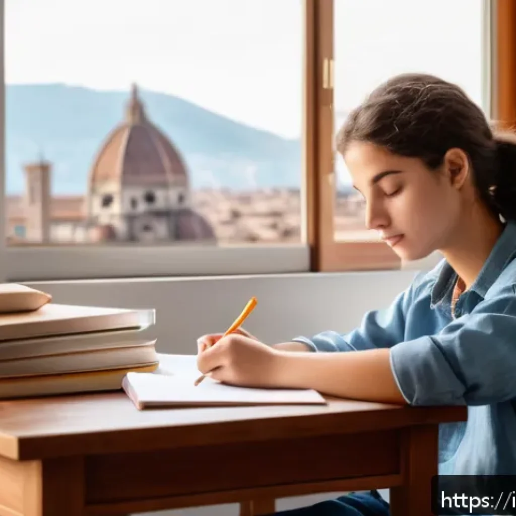 통역사 시험장 스트레스 극복법 - A young Italian student sitting at a wooden desk in a cozy, sunlit room, practicing diaphragmatic br...