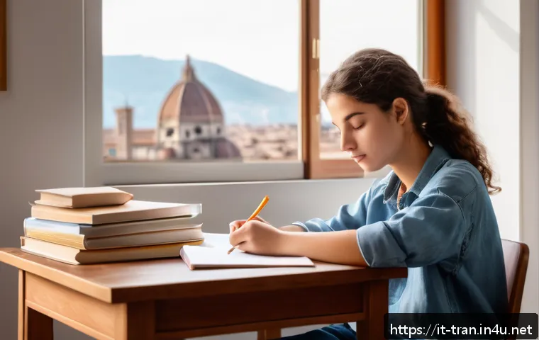통역사 시험장 스트레스 극복법 - A young Italian student sitting at a wooden desk in a cozy, sunlit room, practicing diaphragmatic br...