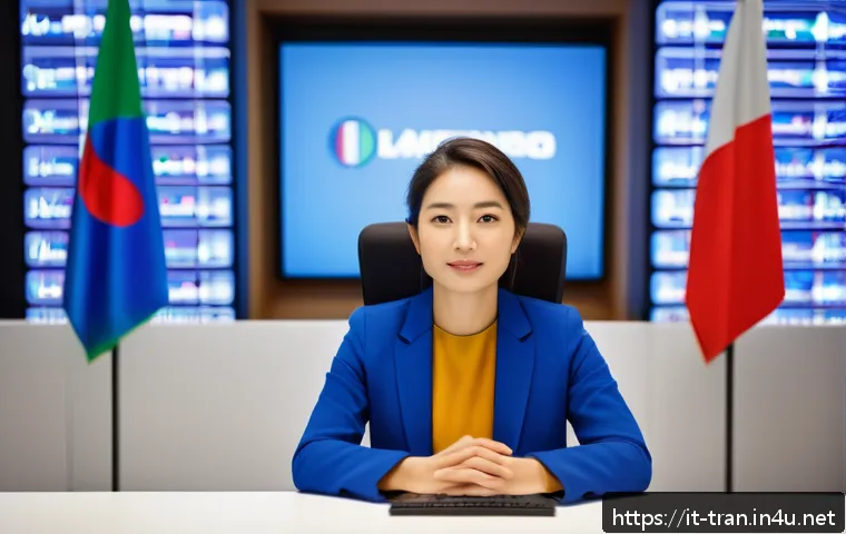 통역사 실무에서 중요한 스킬 - A professional interpreter at an international conference, wearing smart business attire, seated ins...