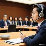 Home 20 통역사로 일하며 얻은 교훈 - A professional interpreter in a modern conference room, wearing business attire with a subtle Italia...