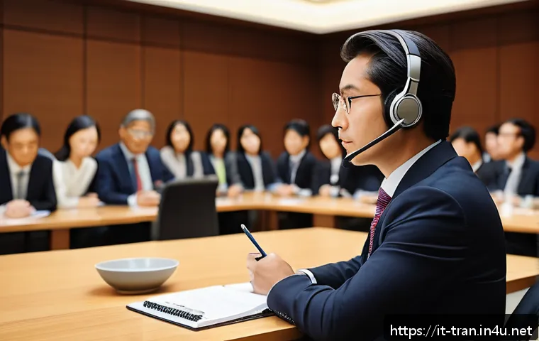 통역사로 일하며 얻은 교훈 - A professional interpreter in a modern conference room, wearing business attire with a subtle Italia...