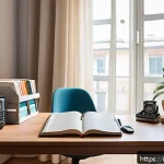Home 19 통역사 자격증 시험장 환경 - A cozy and well-organized study corner in a quiet Italian apartment, featuring a wooden desk with ne...