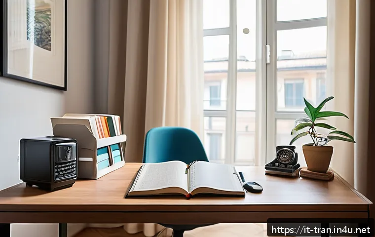 통역사 자격증 시험장 환경 - A cozy and well-organized study corner in a quiet Italian apartment, featuring a wooden desk with ne...