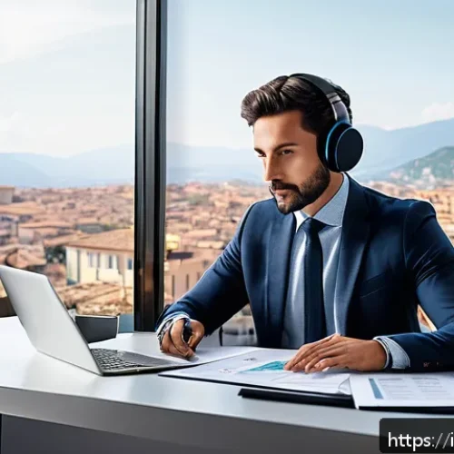 Home 17 통역사 프리랜서 세금 신고 팁 - A professional freelance interpreter working at a sleek, modern home office in Italy, surrounded by ...