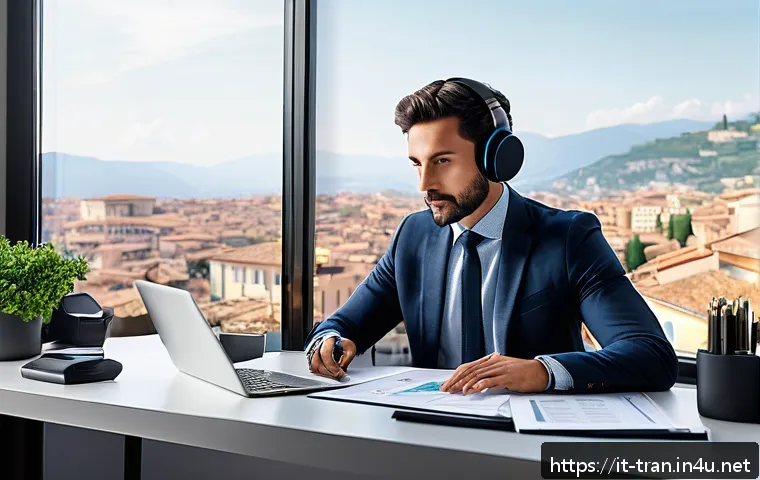 통역사 프리랜서 세금 신고 팁 - A professional freelance interpreter working at a sleek, modern home office in Italy, surrounded by ...