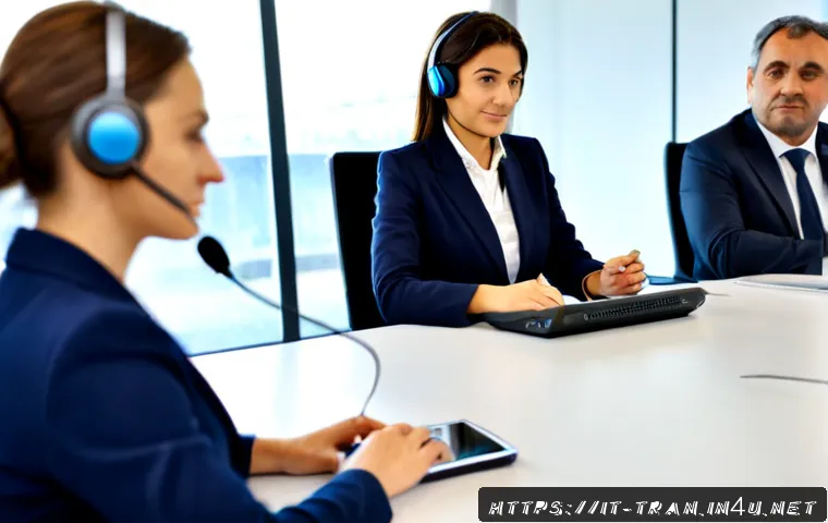 통역사 업계에서 인정받는 자격증 - Photorealistic professional conference interpreter in a modern European meeting room, poised adult w...